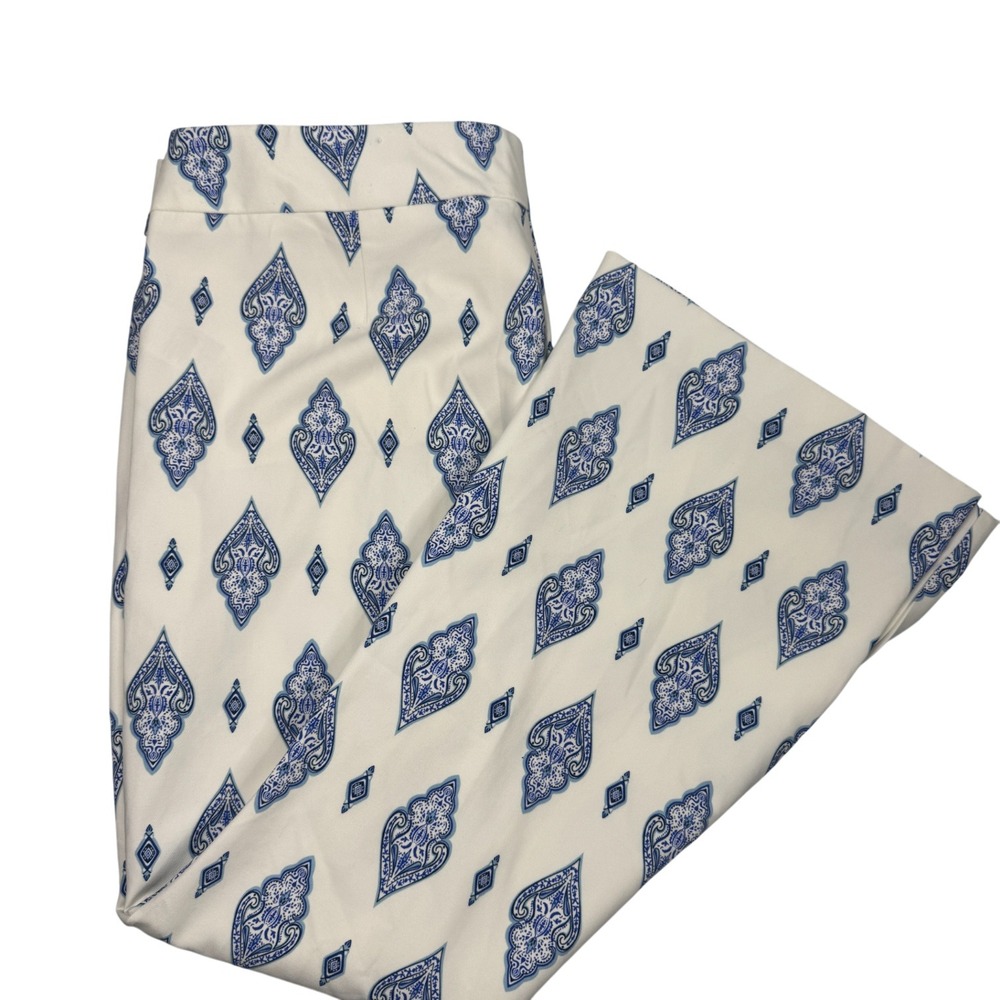 Chico's White Wide-Leg Pants with Blue Medallion Motif